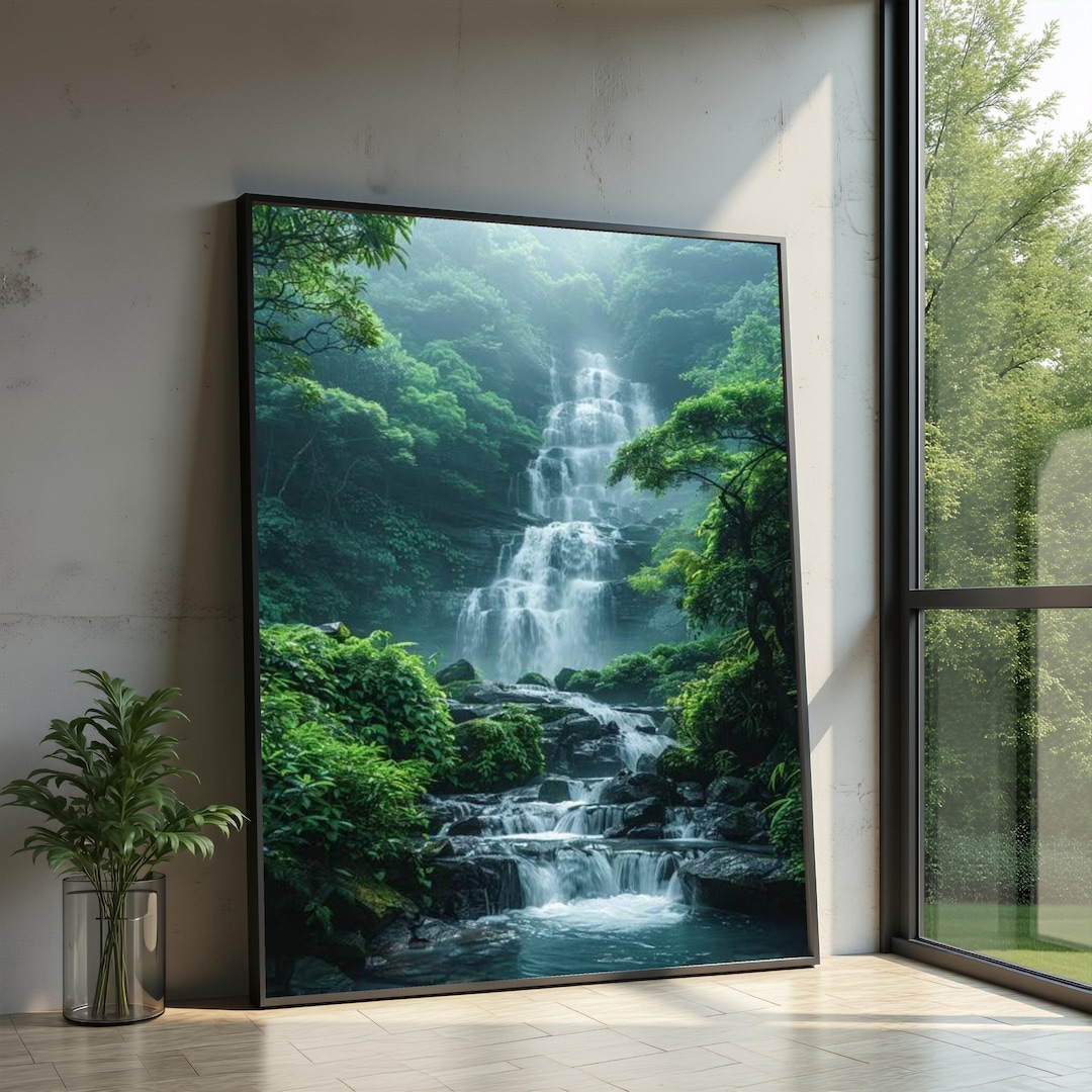 Tranquil Forest Waterfall Canvas, Lush Green Nature Landscape Wall Art ...