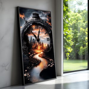 Puede incluir: Obra de arte enmarcada que presenta un diseño de reloj surrealista. La esfera del reloj está integrada con un paisaje de río, árboles y una ciudad, todo bajo un cielo dramático con tonos anaranjados y oscuros. La obra de arte está apoyada contra una pared blanca.