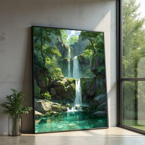 May include: A framed art print depicting a serene waterfall scene. The artwork features cascading water, lush green foliage, and a clear turquoise pool. The print is set in a black frame and leans against a wall next to a window.