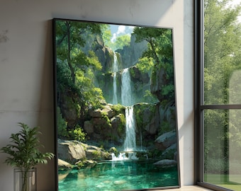 Tranquil Waterfall Cascade, Lush Forest Scene Canvas, Nature Landscape Wall Art, Serene River View, Home Décor Canvas Print