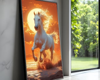 Lienzo de majestuoso caballo blanco corriendo, arte mural de playa al atardecer, escena natural con caballos, lienzo dinámico de animales, decoración para sala de estar