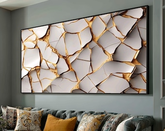 Lienzo abstracto de tierra agrietada, arte de pared dorado y blanco, decoración minimalista geométrica moderna para el hogar, listo para colgar.