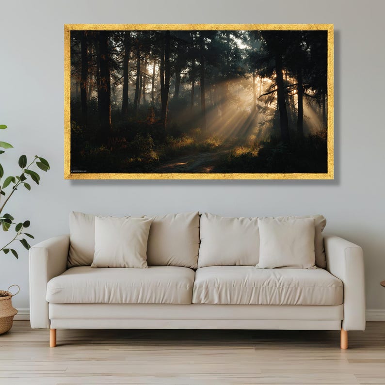 Enchanted Forest Sunrise, Sunrays Through Trees Canvas, Mystical Woodland Wall Art, Nature Landscape Canvas, Atmospheric Forest Decor image 2