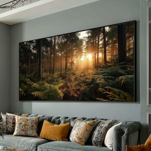 Gouden zonsopgang bos canvas, pijnbomen kunst aan de muur, natuur landschap decor, varens en zonlicht canvas, bosrijke scène kunstwerk