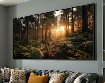 Golden Sunrise Forest Canvas, Pine Trees Wall Art, Nature Landscape Decor, Ferns and Sunlight Canvas, Woodland Scene Artwork