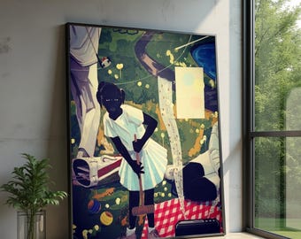 Kerry James Marshall Lekfull flicka Canvastavla, Krocketscen Väggdekor, Samtida afroamerikansk Canvas, Livfull Utomhusillustration,