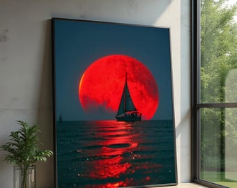 Lienzo de Luna Roja Navegando, Arte Mural con Cielo Nocturno Dramático, Lienzo con Reflejos del Océano, Decoración Náutica para el Hogar, Obra de Arte con una Atmósfera Atrevida