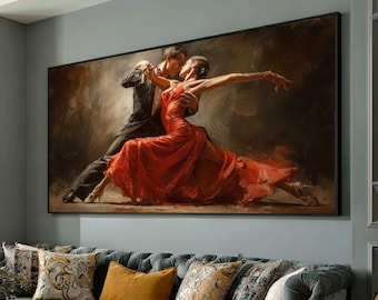 Passionate Tango Dance Couple, Red Dress Ballroom Canvas, Romantic Dance Wall Art, Elegant Home Decor, Modern Expressionist Style