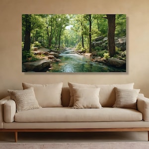 Tranquil Forest Stream Canvas, Nature River Landscape Wall Art, Green Woodland Scenery, Relaxing Water Scene Canvas, Ready to Hang Home image 6