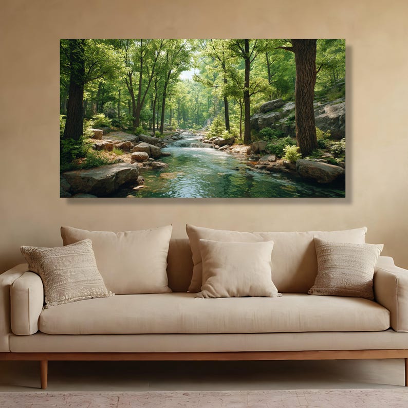 Tranquil Forest Stream Canvas, Nature River Landscape Wall Art, Green Woodland Scenery, Relaxing Water Scene Canvas, Ready to Hang Home image 6