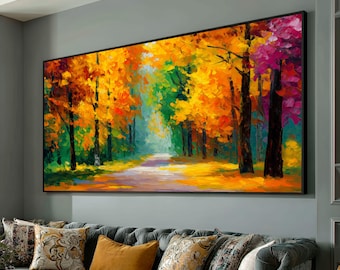 Vibrant Autumn Forest Path Canvas, Colorful Fall Trees Wall Art, Oil Style, Nature Landscape Decoration, Ready to Hang Canvas