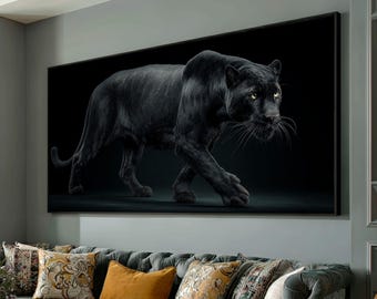 May include: A large framed canvas print featuring a black panther walking forward against a dark background. The panther's yellow eyes are visible. The print is displayed above a gray sofa with decorative pillows.