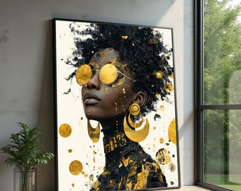 Modern afrocentrisch portretdoek, gouden accenten muurkunst, abstract zwarte vrouwkunstwerk, eigentijds canvasdecor, modehuisdecoratie