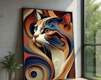 Abstract Cat Portrait Canvas Wall Art, Modern Animal Artwork, Colorful Cat Illustration, Contemporary Home Decoration, Ready to Hang Canvas