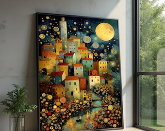 Gustav Klimt Night Village Canvas, Starry Sky Wall Art, Decorative Landscape Canvas, Colorful Town Scene, Home Decoration Art