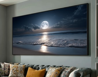 Full Moon Ocean Reflection Canvas, Night Beach Wall Art, Serene Seascape Canvas Print, Tranquil Coastal Decor, Moonlit Shore Ready to Hang