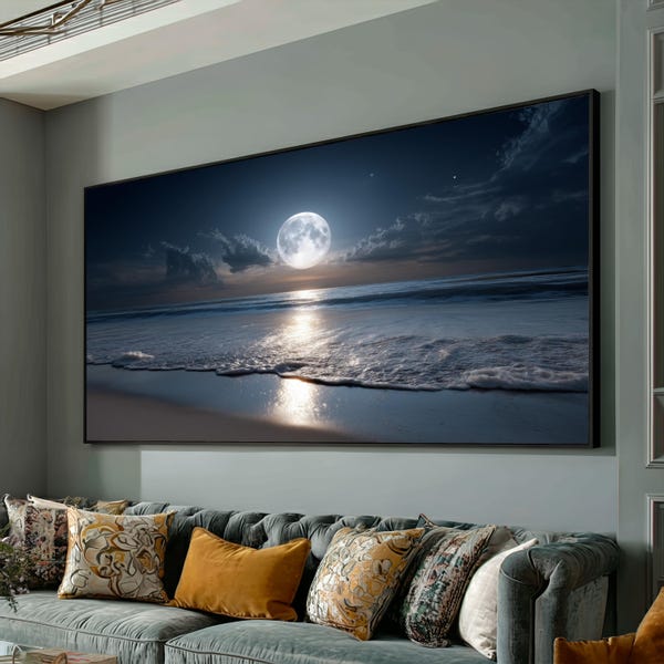 Tela com reflexo da lua cheia no oceano, arte de parede de praia noturna, impressão em tela de paisagem marítima serena, decoração costeira tranquila, praia iluminada pela lua, pronta para pendurar.