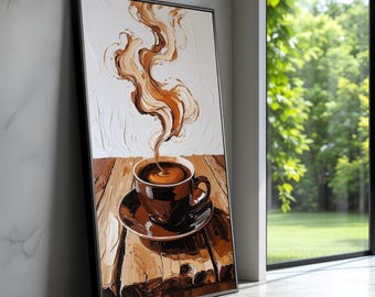 Warm Coffee Cup Canvas, Steaming Coffee Art, Abstract Coffee Brown Coffee Wall Art, Cozy Kitchen Decor, Ready to Hang Canvas