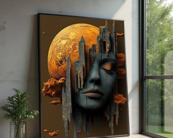 May include: Framed art print featuring a surrealist composition. A woman's face is partially obscured by architectural elements, with a golden planet and clouds in the background. The artwork is displayed in a room with natural light.