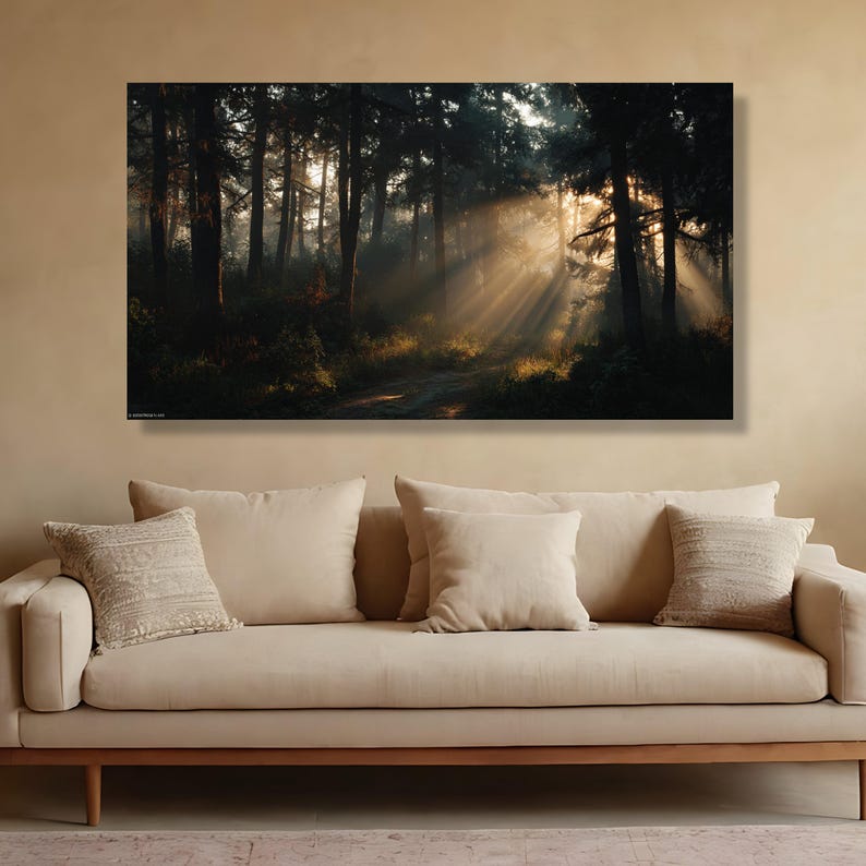Enchanted Forest Sunrise, Sunrays Through Trees Canvas, Mystical Woodland Wall Art, Nature Landscape Canvas, Atmospheric Forest Decor image 6