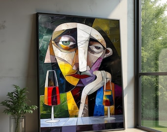 Modern Abstract Woman Portrait Canvas, Cubism Art Wall Decor, Colorful Geometric Face Wine Glasses Still Life Canvas, Contemporary Home
