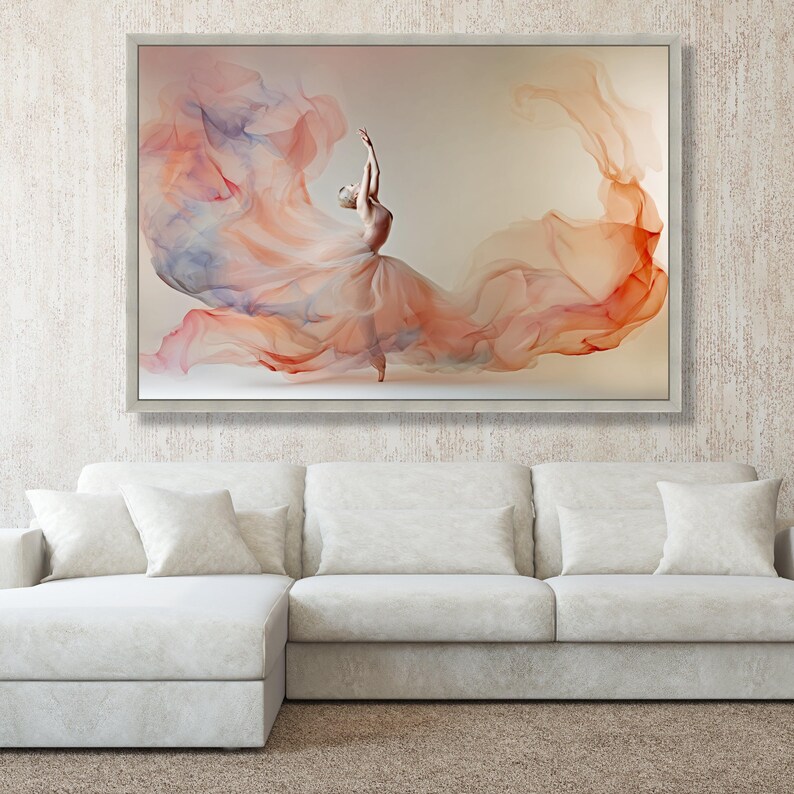 Elegant Ballerina Dance Canvas Wall Art, Flowing Fabric Design, Soft Pastel Home Decoration, Modern Ballet Artwork, Ready to Hang image 4