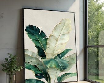 Stampa su tela con foglie di banano tropicali, stampa botanica verde, decorazione moderna della natura, illustrazione su tela di foglie, elegante decorazione da parete per la casa