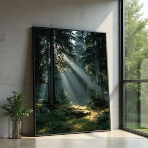 Lienzo con luz solar a través de árboles forestales, arte mural de bosques brumosos, lienzo de paisaje natural, decoración con rayos de luz forestal, impresión en lienzo de bosque verde