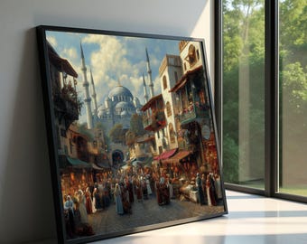 Könnte beinhalten: Gerahmter Kunstdruck, der einen geschäftigen Markt im Nahen Osten mit einer großen Moschee im Hintergrund zeigt. Das Kunstwerk zeigt detaillierte Architektur, eine Menschenmenge und eine lebendige Farbpalette aus Blau-, Braun- und Rottönen.