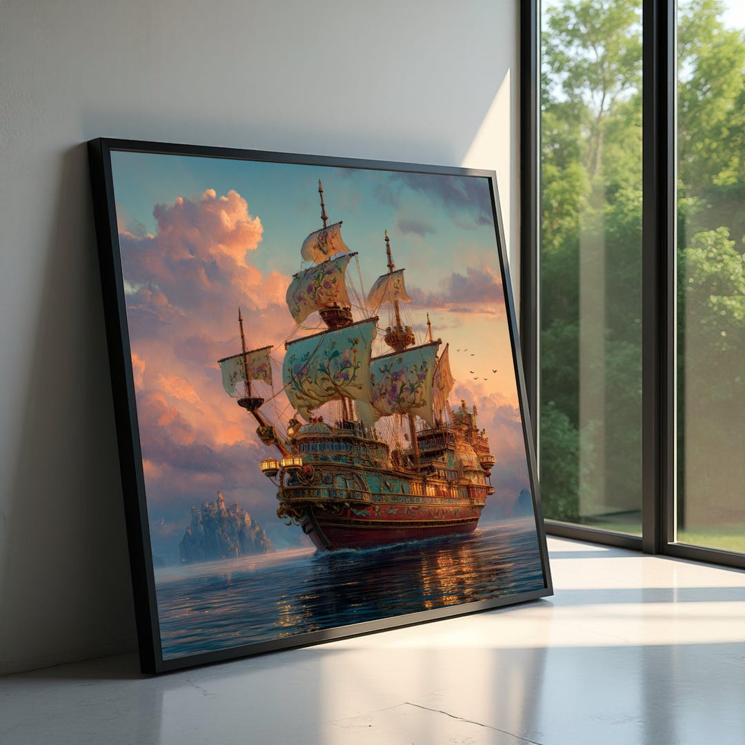 Patterned Sails Elegant Vintage Sailing Ship Canvas, Floral Patterned Sails, Sunset ...