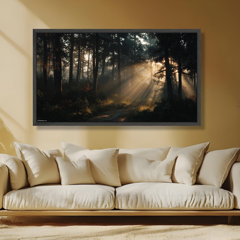 Enchanted Forest Sunrise, Sunrays Through Trees Canvas, Mystical Woodland Wall Art, Nature Landscape Canvas, Atmospheric Forest Decor image 3