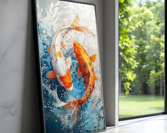 May include: Framed artwork featuring two koi fish in a dynamic composition. One fish is orange with black markings, the other is white with orange accents. The background depicts water with blue and white tones, creating a sense of movement and depth. The frame is black.