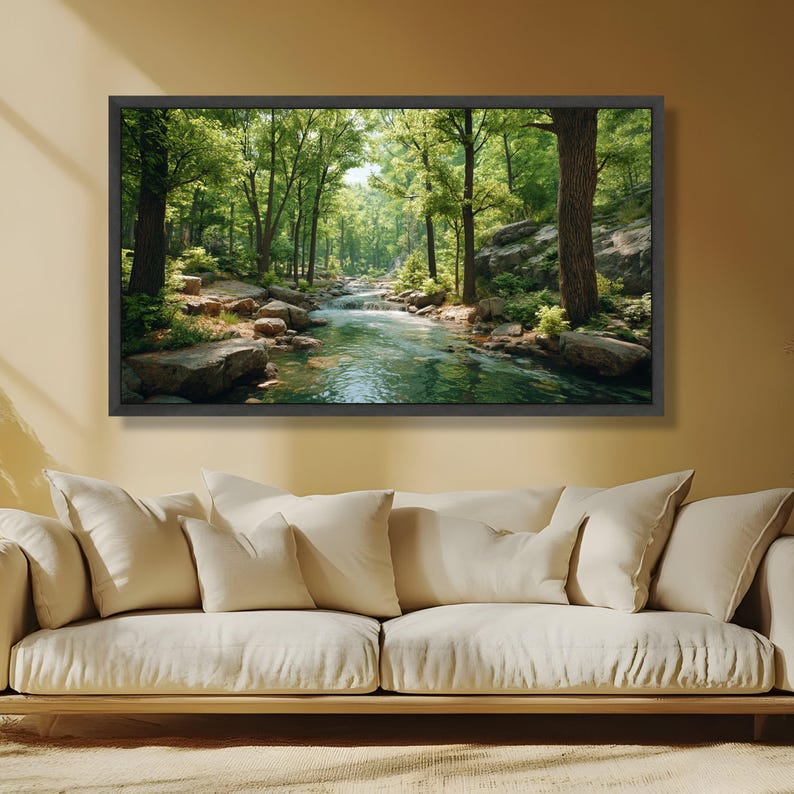 Tranquil Forest Stream Canvas, Nature River Landscape Wall Art, Green Woodland Scenery, Relaxing Water Scene Canvas, Ready to Hang Home image 3