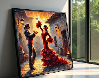 Passionate Flamenco Dancers Canvas, Spanish Dance Wall Art, Red Dress Flamenco Romantic Street Scene Canvas, Vibrant Cultural Decor