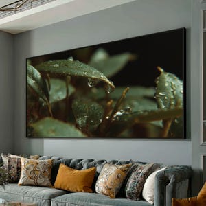 May include: A rectangular wall art print featuring a close-up of dark green leaves covered in clear water droplets against a deep black background. The composition highlights the texture of the foliage and the reflective quality of the moisture.