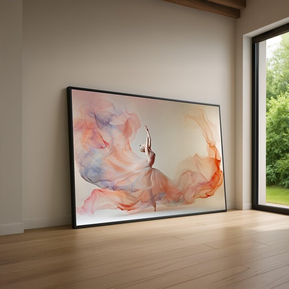 Elegant Ballerina Dance Canvas Wall Art, Flowing Fabric Design, Soft Pastel Home Decoration, Modern Ballet Artwork, Ready to Hang