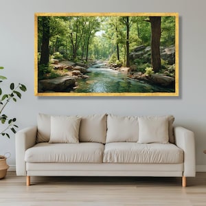 Tranquil Forest Stream Canvas, Nature River Landscape Wall Art, Green Woodland Scenery, Relaxing Water Scene Canvas, Ready to Hang Home image 2