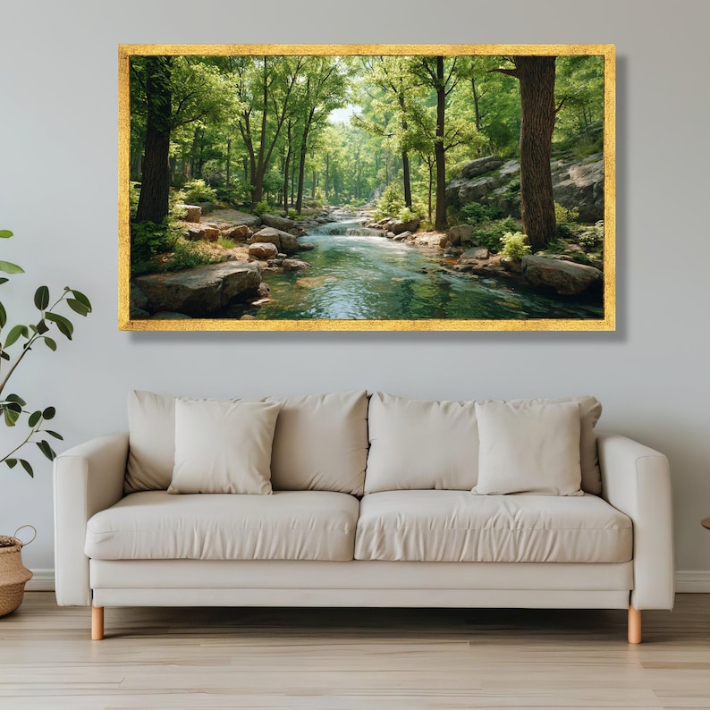 Tranquil Forest Stream Canvas, Nature River Landscape Wall Art, Green Woodland Scenery, Relaxing Water Scene Canvas, Ready to Hang Home image 2