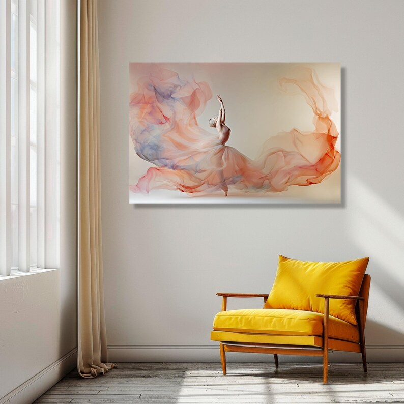 Elegant Ballerina Dance Canvas Wall Art, Flowing Fabric Design, Soft Pastel Home Decoration, Modern Ballet Artwork, Ready to Hang image 6
