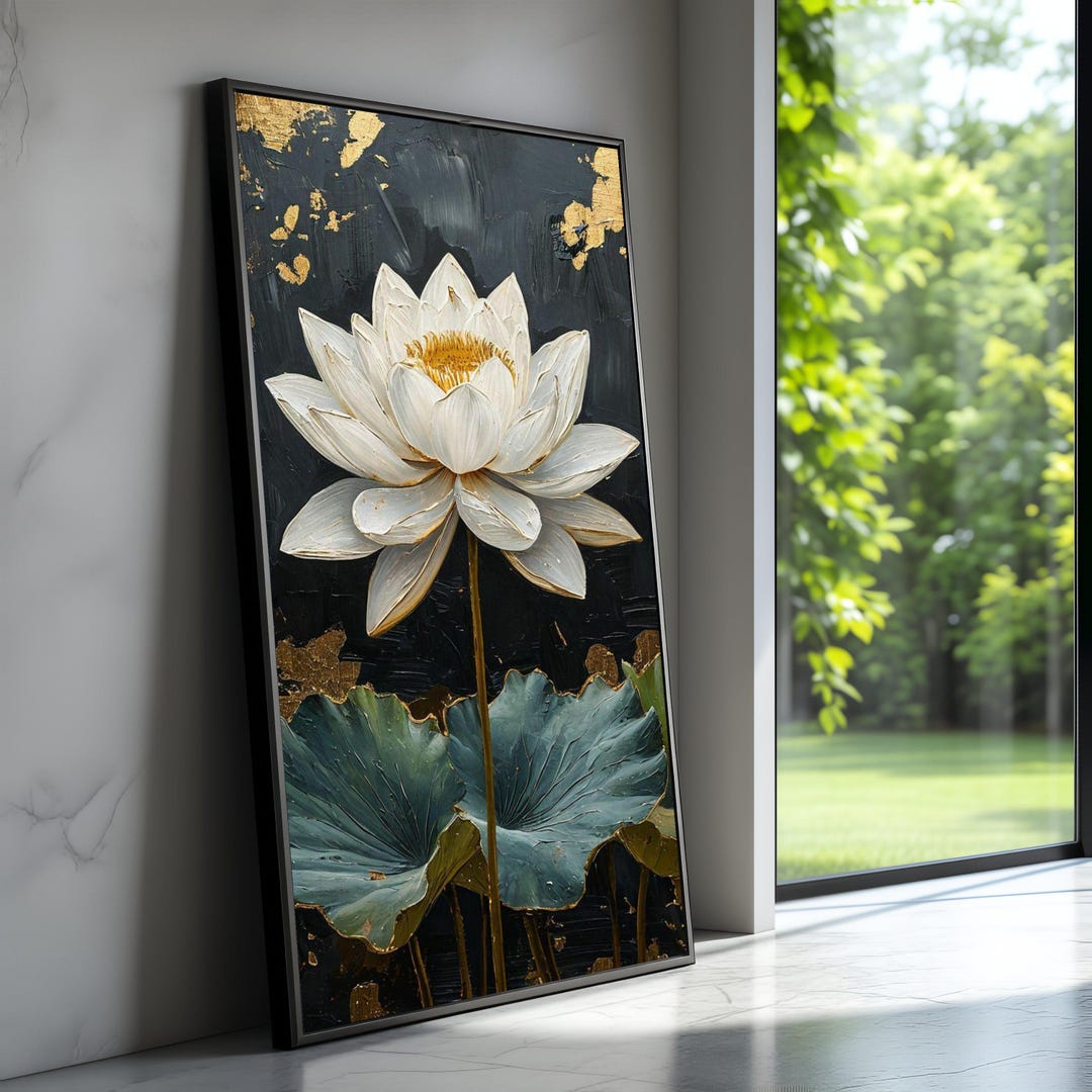 Elegant White Lotus Flower Canvas, Gold Accent Wall Art, Modern Floral ...