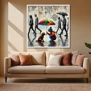Child and Dog with Colorful Umbrella, Urban Rain Scene Canvas, Heartwarming Street Art Print, Modern Wall Art Decor, Ready to Hang Canvas image 5