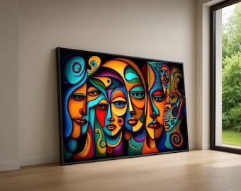 Abstract Faces Canvas Wall Art, Modern Cubism Colorful Expression Art, Geometric Portrait Canvas, Contemporary Home Decor