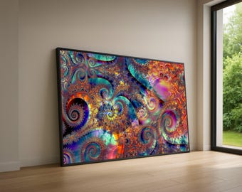 Vibrant Abstract Fractal Swirls Canvas, Psychedelic Spiral Art, Colorful Digital Wall Decor, Modern Home Decoration, Ready to Hang Canvas
