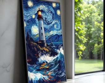 Canvas Sterrennacht vuurtoren, muurkunst oceaangolven, lucht in Van Gogh-stijl, kustlandschap nautische woondecoratie