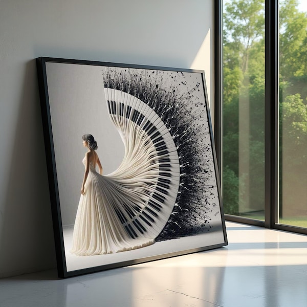 Arte mural en lienzo con elegancia musical, mujer vestida de piano, diseño abstracto de teclado de piano, decoración musical para el hogar, impresión artística en lienzo.