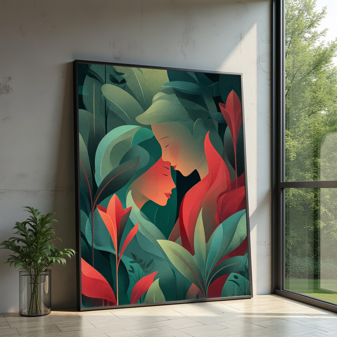 Abstract Intimate Connection Frame Intimate Lovers Embrace, Abstract Romantic Canvas, Botanical Leaves ...