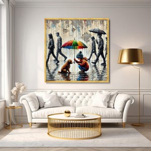 Child and Dog with Colorful Umbrella, Urban Rain Scene Canvas, Heartwarming Street Art Print, Modern Wall Art Decor, Ready to Hang Canvas image 2