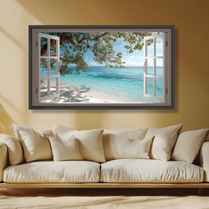 Tropical Beach View Through Open Window Canvas, Ocean Wall Art, Coastal ...