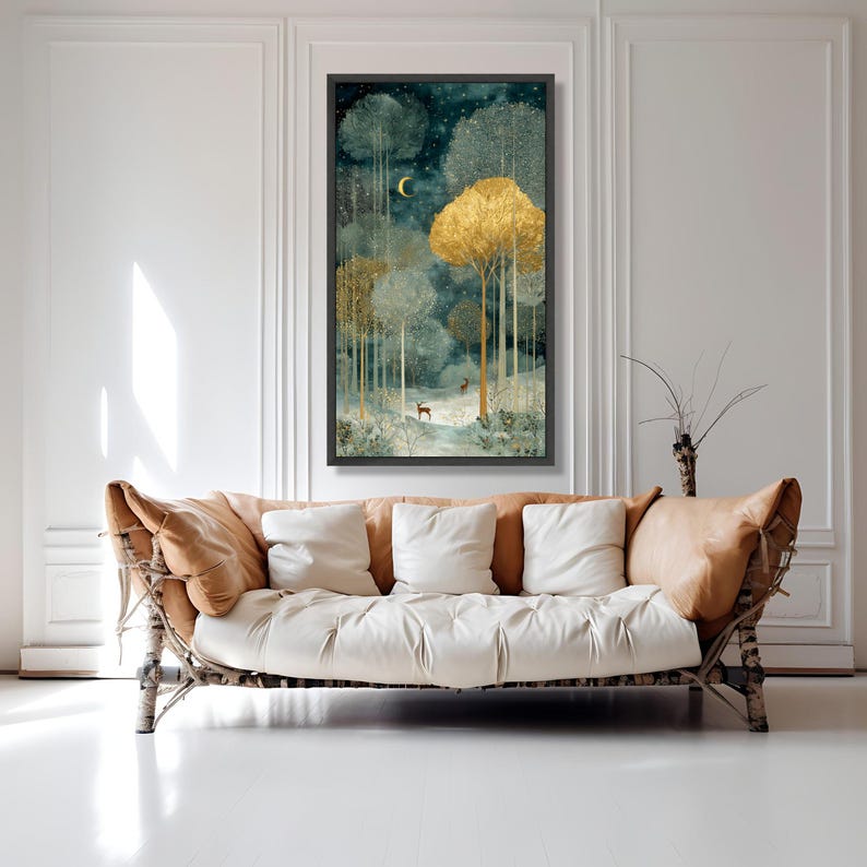 Enchanted Forest Night Scene Canvas, Golden Trees Wall Art, Moonlit ...