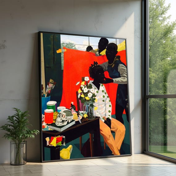 Kerry James Marshall Scene, Figurative Canvas Wall Art, Modern Black Art Vibrant Home Decor Canvas, Contemporary Figurative Artwork